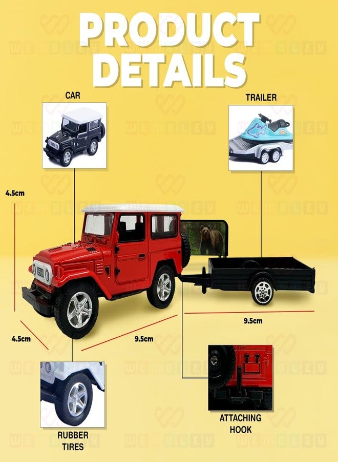 ويمبلي سيارة لعبة ويمبلي لاند كروزر مصبوبة مع مقطورة للأطفال من الجنسين، مجموعة لعب سيارة صغيرة تعمل بالسحب للخلف مع ناقلة نقل متعددة الاستخدامات عشوائية - مجموعة من قطعتين - Image 2